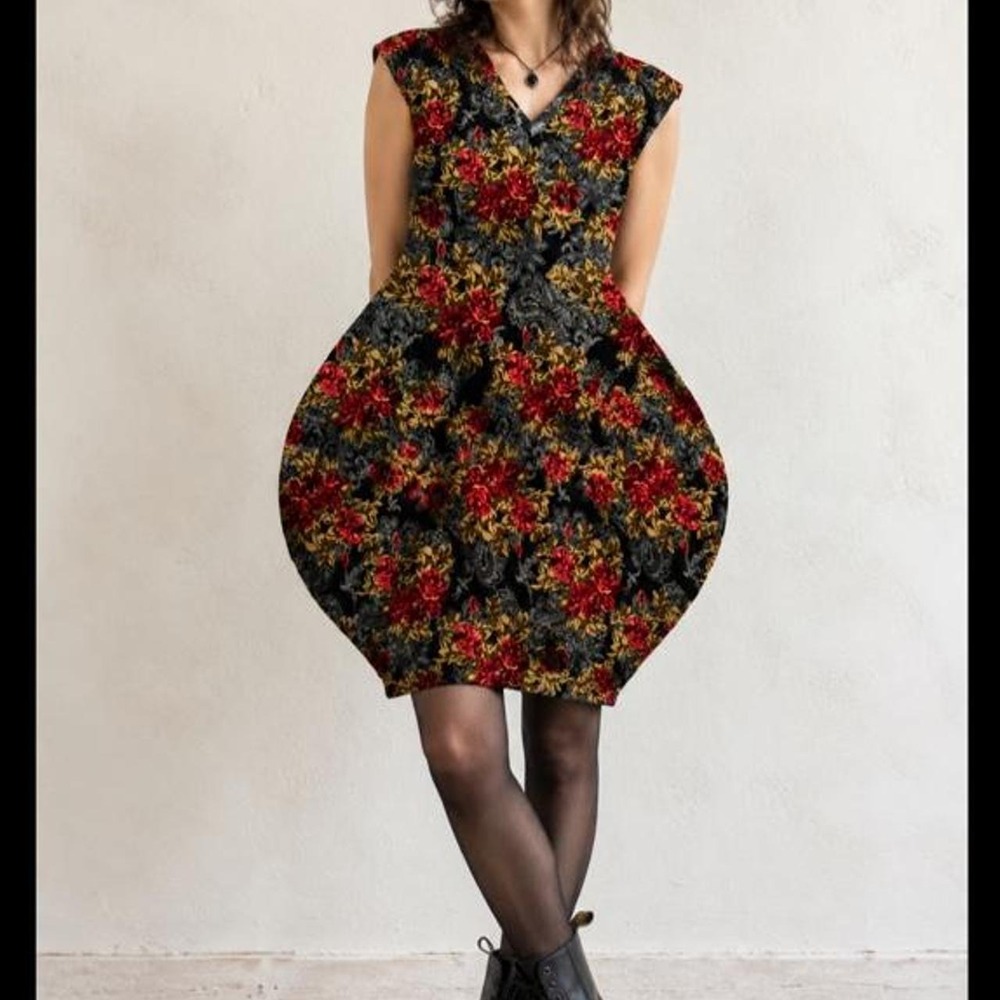 Vintage Judy's Pride Med Black Velvet floral Bubble Dress Goth dark romantic